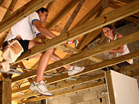 Liz + Jess hammering up in the rafters.