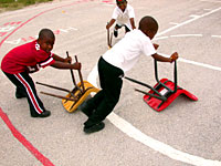 Racing chairs outside.